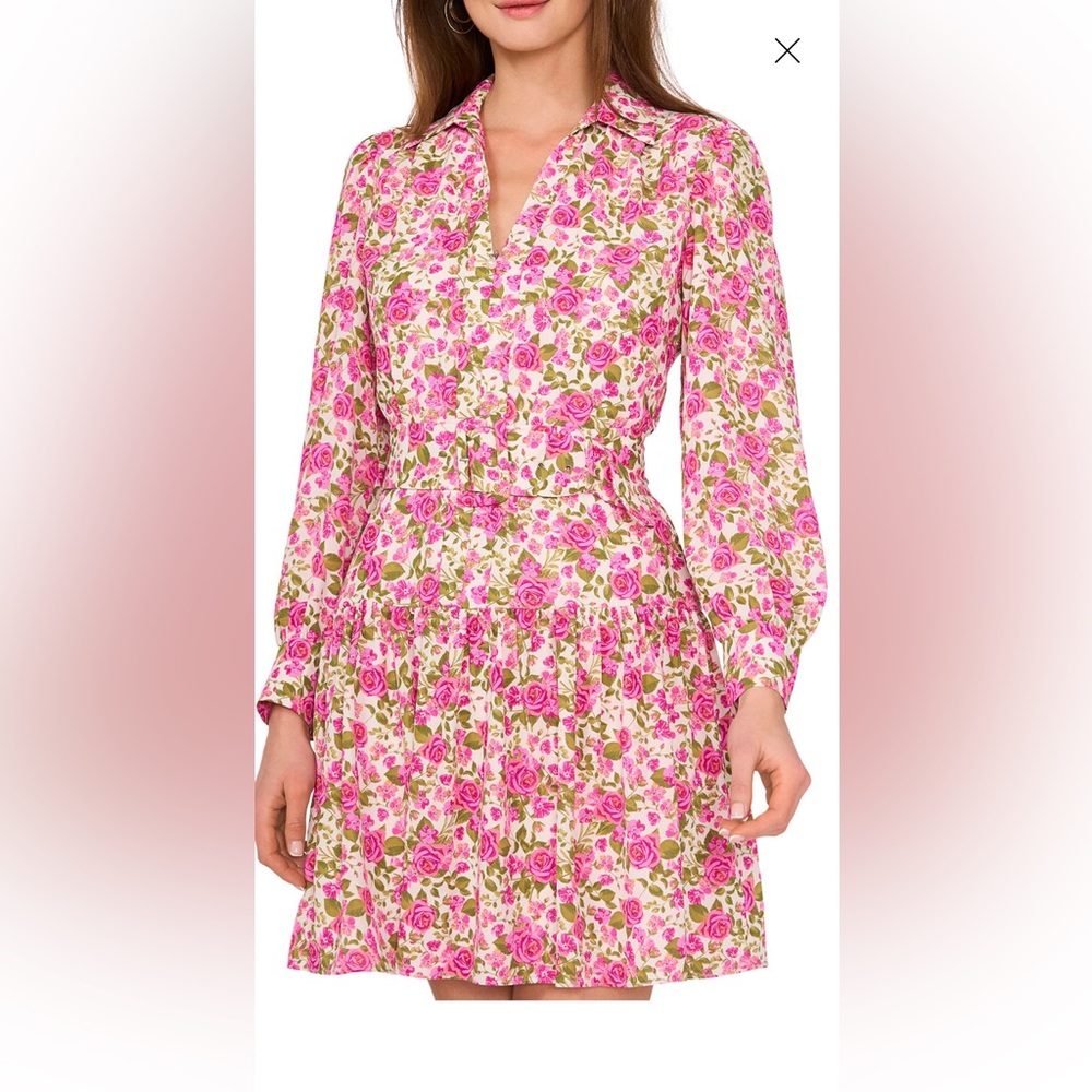 CeCe Pink Floral Midi Dress belted waist vivid colors NWOT